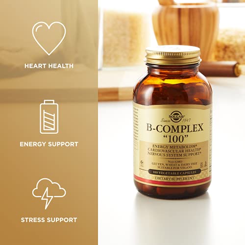 Solgar B-Complex "100", 100 Vegetable Capsules - Heart Health - Nervous System Support - Supports Energy Metabolism - Non GMO, Vegan, Gluten Free, Dairy Free, Kosher, Halal - 100 Servings