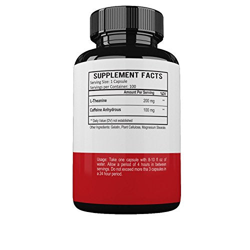 RevLabs - Caffeine Pills + L Theanine - Maximum Potency - 100mg of Pure Clean Caffeine + 200mg of L-Theanine - 100 Capsules