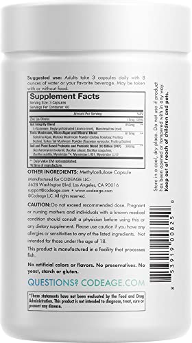 Codeage Gut Health Supplements Vegan Formula - L Glutamine, Zinc, Turkey Tail Mushroom Powder, Tonic Mushroom, Maitake, Micro Algae, Mineral, Licorice Root DGL - Probiotics, Prebiotics - 180 Capsules