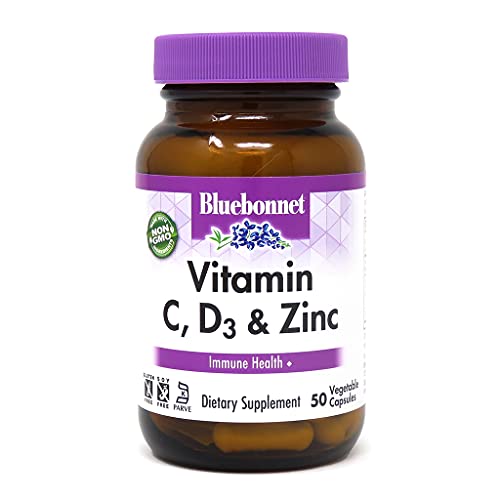 Bluebonnet Nutrition Vitamin C, D3 & Zinc, for Immune Health and Respiratory Function*, Soy-Free, Gluten-Free, Non-GMO, Kosher Certified, Dairy-Free, 50 Vegetable Capsules, 50 Servings