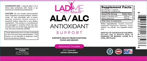 ALA / ALC Extra Strength Supplement - Alpha Lipoic Acid with Acetyl L-Carnitine 850 mg ALCAR Amino Acid Source for Brain Function, Memory, Focus, Antioxidant Support for Women by Ladyme 60 Capsules
