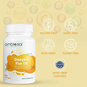 Ambrosial Omega 3 Fish Oil 1000mg | Omega 3 Fatty Acid Capsules with 180 mg EPA 120 mg DHA - 60 Softgels | Omega 3 Fish Oil Supplements for Women and Men.