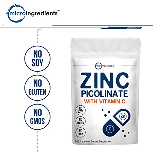 Zinc Picolinate Supplements with Vitamin C, 50mg Elemental Zinc Per Capsule, 365 Counts, Support Immune System Function, Premium Zinc Picolinate for Men and Women