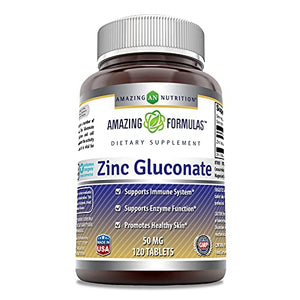 Amazing Formulas Zinc Gluconate - 50 mg Tablets (Non-GMO, Gluten Free) - Supports Immune System - Supports Enzymes Function - Promotes Healthy Skin (120 Count)