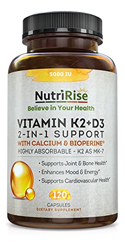 Vitamin K2 + D3 5000 IU Supplement with Calcium & BioPerine. Maximum Absorption. Supports Healthy Heart, Bones & Teeth. Powerful Immune System, Energy & Mood Enhancer. No Fillers, Gluten-Free Capsules