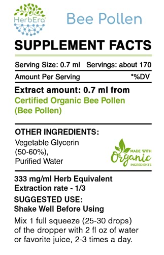 Bee Pollen B120 Alcohol-Free Herbal Extract Tincture, Super-Concentrated Organic Bee Pollen (Bee Pollen) Dried Pollen (4 fl oz)