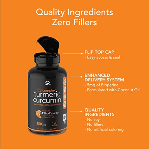 Turmeric Curcumin C3 Complex 500mg, Enhanced with Black Pepper & Organic Coconut Oil for Better Absorption; Non-GMO & Gluten Free - 120 Count