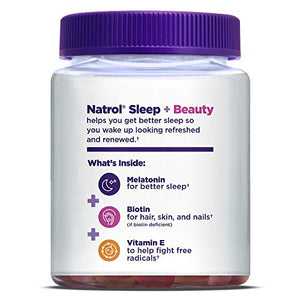 Natrol Sleep+ Beauty Melatonin Biotin and Vitamin E 100% Drug Free Gummy Raspberry Flavor Sleep Aid Gummies, 60 Count