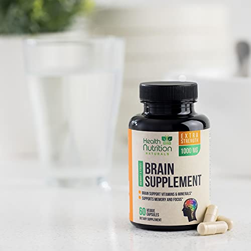 Brain Support Supplement Extra Strength Nootropics 1000mg - Made in USA - Natural Support for Memory, Focus, Concentration, and Clarity with Bacopa Monnieri for Men and Women - 60 Capsules