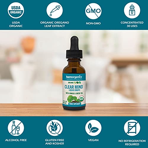 BareOrganics Clear Mind Liquid Drops, Herbal Supplement, Organic Drops, 1 Ounce