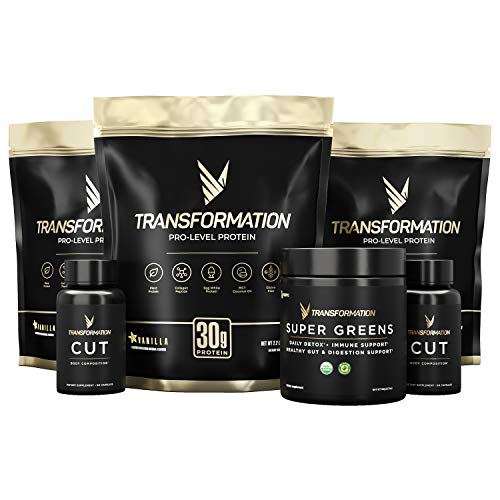 Transformation Multi-Protein Superblend Powder (3-Pack) + Cut Thermogenic Diet Pills (2-Pack) + Super Greens Immune Boosting Superfood (1-Pack) - Total Body Transformation Package (Vanilla)