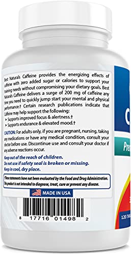 Best Naturals Caffeine Pills 200mg, 120 Count