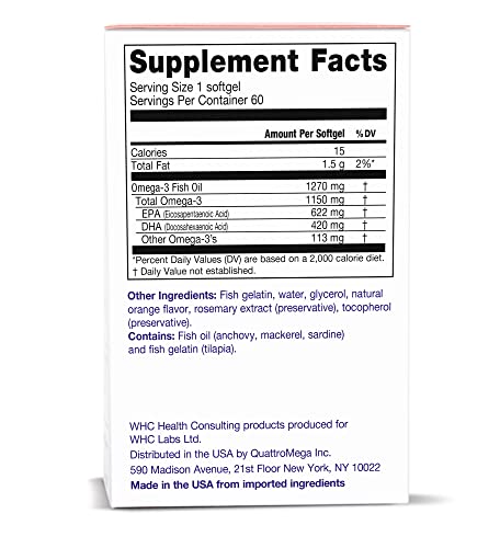 WHC, UnoCardio X2 Fish Oil (60 Softgels), Triglyceride Omega-3 Fatty acids - 1270 mg Fish Oil Supplement (622 mg EPA / 420 mg DHA/Total 1150 mg of Omega-3 per Serving)