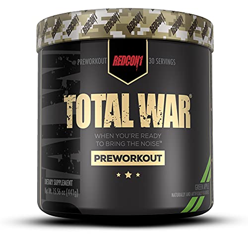 Redcon1 Total War Preworkout - 30 Servings, Boost Energy, Increase Endurance and Focus, Beta-Alanine, Caffeine (Green Apple)