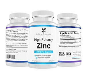 Adora Organics Zinc High Potency - 50mg - 60 Capsules - Non-GMO