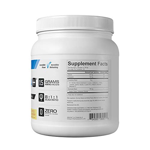 Modern BCAA+ Original Branched Chain Amino Acid Powder Pineapple Strawberry | Sugar Free Post Workout Muscle Recovery & Hydration Drink with 15g Aminos and 8:1:1 BCAA Ratio for Men & Women 30 Servings