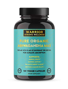 Ashwagandha Pure Organic Root Powder Capsules by Warrior Strong Wellness with Bioperine 1200 mg 120 Caps 3rd Party Tested Grief Cortisol Adrenal Fatigue Support