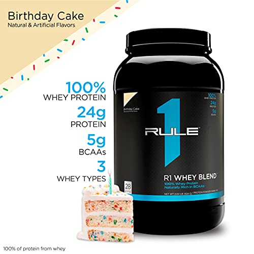 Rule One Proteins, R1 Whey Blend - Birthday Cake, 24g Fast-Acting Whey Protein Concentrates, Isolates, and Hydrolysates Per Serving, with Naturally Occurring EAAs and BCAAs, 2 Pounds, 28 Servings