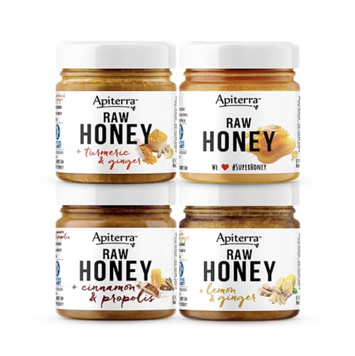 Apiterra Raw Honey with Superfoods Variety - Turmeric, Ginger, Lemon, Cinnamon and Propolis, 8 oz (pack of 4)