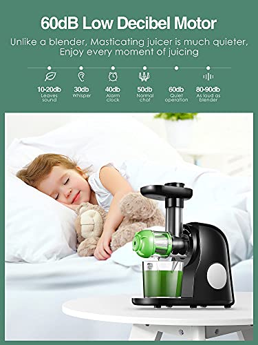 Slow Masticating Juicer Extractor Professional Machine, Cold Press Juicer with Quiet Motor and Reverse Function, High Nutrient Fruit and Vegetable Juice with Juice Jug & Brush for Cleaning