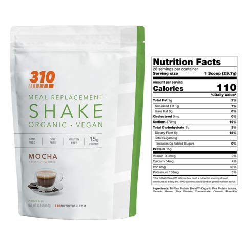 Vegan Organic Plant Protein Powder and Meal Replacement Shake - By 310 Nutrition - Gluten, Dairy and Soy Free - 0g of Sugar | Keto and Paleo Friendly… (Mocha, 28 Servings)