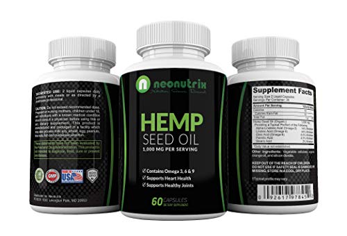 Hemp Seed Oil Capsules 1000mg Made with Organic Hemp Omega 3 6 9 Capsules for Pain and Anxiety Relief, Joint Support & Cardiovascular Health Skin Regenerator Hemp Capsules 60 Pills by Neonutrix