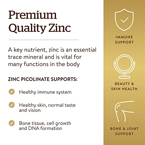 Solgar Zinc Picolinate 22 mg, 100 Tablets - Promotes Healthy Skin - Supports Immune System, Normal Taste & Vision - Antioxidant - Non GMO, Vegan, Gluten Free, Dairy Free, Kosher - 100 Servings