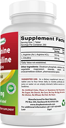 Best Naturals L-Arginine L-Citrulline Complex 1000 mg 250 Tablets (250 Count (Pack of 3))