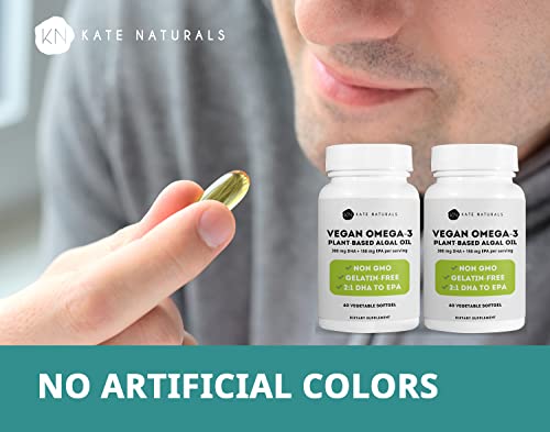 Vegan Omega-3 Softgels by Kate Naturals (2-Pack). Algal Oil Softgels to Support Brain Function & Cognition. Omega 3 Fish Oil Alternative. 300 DHA & 150 EPA. (2-Pack)