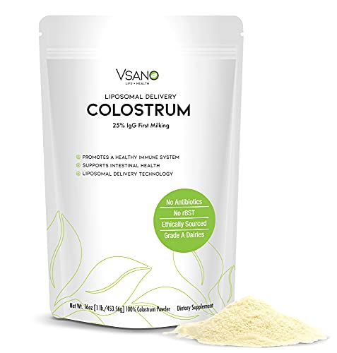 VSano Colostrum Powder with Liposomal Delivery (LD) - Immune System Support for Humans & Pets - Efficient Absorption of Healthy Lactoferrin for Wellness (Natural, 16 oz)
