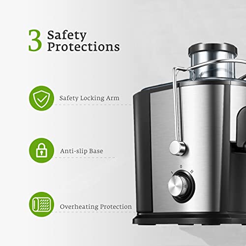 Juicer Centrifugal Juicer Machine for Fruit, Vegetables, 3" Wide Mouth, Updated Motor, Non-slip Design, Silver