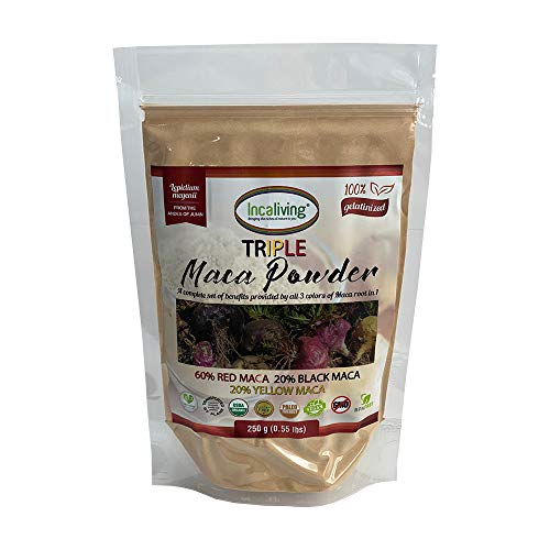 Triple Maca Powder by Incaliving ( Red, Black and Yellow Maca) * 100% USDA Organic * 100% Gelatinized * 250g * Authentic Peruvian MACA