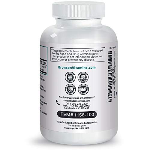 Bronson Zinc 50mg Complex (Zinc Oxide 50% & Zinc Picolinate 50%) High Potency Immune Support Supplement & Antioxidant and Skin Health - Non GMO, 100 Vegetarian Capsules