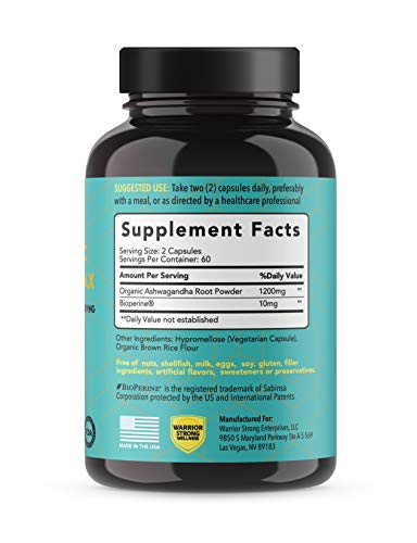 Ashwagandha Pure Organic Root Powder Capsules by Warrior Strong Wellness with Bioperine 1200 mg 120 Caps 3rd Party Tested Grief Cortisol Adrenal Fatigue Support