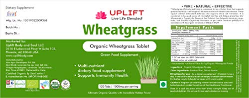 Uplift Wheatgrass Organic Tablet- 120 Count| 1000mg,100% Pure and Natural, Herbal Supplement for Energy, Immunity & Detox, Vitamins & Nutrient Dense