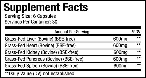 Codeage Grass Fed Beef Organs Supplement – Glandulars Supplements - Freeze Dried, Non-Defatted, Desiccated Liver, Heart, Kidney, Pancreas & Spleen Bovine Pills – Beef Vitamins - Non-GMO -180 Capsules