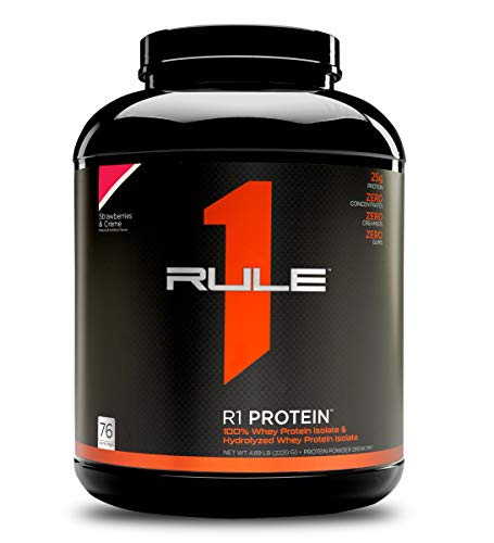 Rule One Proteins, R1 Protein - Strawberries and Crème, 25g Fast-Acting, Super-Pure 100% Isolate and Hydrolysate Protein Powder with 6g BCAAs for Muscle Growth and Recovery, 5 Pounds, 76 Servings