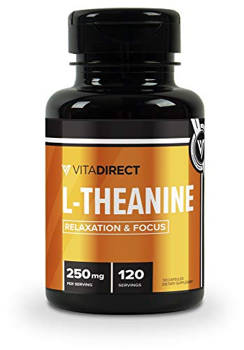 VitaDirect Premium Pure L-Theanine Capsules 250 mg (Theanine), 120 Vegetarian Capsules, Non-GMO, Gluten Free