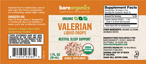 BareOrganics Valerian Liquid Drops, Herbal Supplement, Organic Drops, 1 Ounce