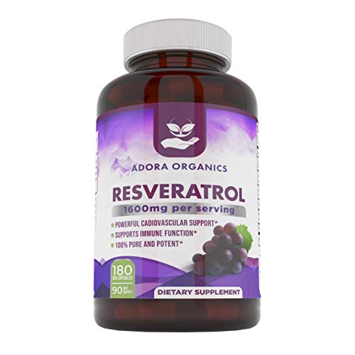 Adora Organics Resveratrol 1600mg, Trans-Resveratrol Antioxidant Supplement with Green Tea, Grape Seed Extract and Quercetin, Helps to Support Digestive Health and Immune System, 180 Capsules