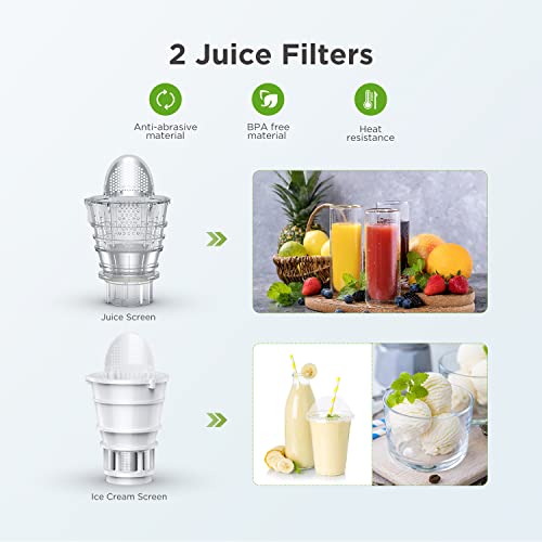 Slow Masticating Juicer Machine, Cold Press Juicer with Ceramic Auger, Easy to Clean, Juice Extractor with Reverse Function, Quiet Motor for 100% Original Vegetable and Fruit Juice, Ice Cream