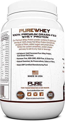 Pure Label Nutrition 100% USA Grass-Fed Whey Protein Concentrate, 2lb Chocolate, Non-GMO, rBGH Free, Soy Free, Gluten Free, Low Carbs and Low Fat, No Sugar Added, Keto Friendly