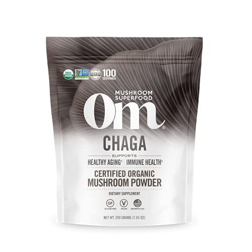 Om Mushroom Superfood Chaga Organic Mushroom Powder, 7.05 Ounce Pouch, 100 Servings, US Grown, Sacred Antioxidants & Immune Support, Superfood Mushroom Supplement