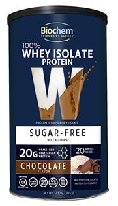 Biochem 100% Whey Isolate Protein - 12.5 oz - Sugar Free Chocolate - Keto-Friendly - 20g Vegetarian Protein - Amino Acids - Iron - Magnesium - Cocoa - Invigorating Taste