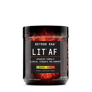 Beyond Raw LIT AF | Advanced Formula Clinical Strength Pre-Workout Powder | Contains Caffeine, L-Citruline, and Nitrosigine | Gummy Worm | 20 Servings