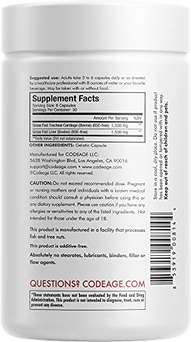 Codeage Grass Fed Beef Cartilage Supplement - Freeze Dried, Non-Defatted, Desiccated Beef Tracheal Bovine Cartilage & Liver Pills – Pasture Raised Argentina Beef Vitamins - Non-GMO -180 Capsules