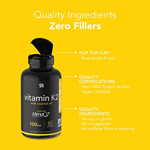 Vitamin K2 (as MK7) with Organic Coconut Oil | Made with MenaQ7 from Fermented Chickpea | Non-GMO Verified, Vegan Certified (60 Veggie-Softgels)