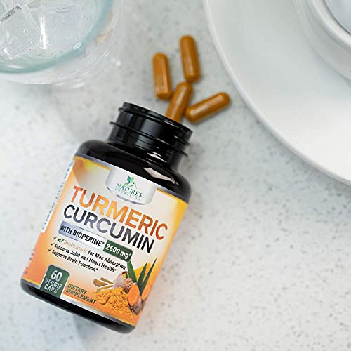 Turmeric Curcumin with Bioperine 95% Curcuminoids 2600mg with Black Pepper for Best Absorption, Made in USA, Best Vegan Joint Support, Turmeric Supplement Pills by Natures Nutrition - 60 Capsules