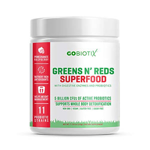 GoBiotix Greens N' Reds Superfood Powder | Non-GMO + Vegan | Probiotics + Enzymes + Organic Whole Foods | Sugar Free + Gluten Free Fruit + Veggie Supplement (Pomegranate Raspberry, 30 Servings)