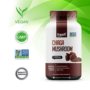 Organic Chaga Mushrooms – Strongest DNA Verified 1650mg Per Serving – High in Fiber – Non GMO, Gluten & Soy Free, Vegan Friendly